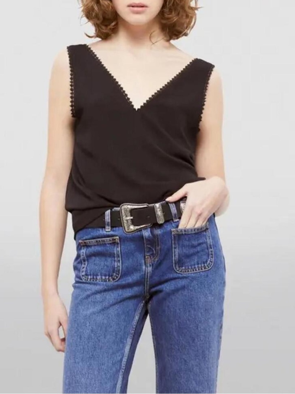 The Kooples Black V‑Neck Scalloped Sleeveless Top